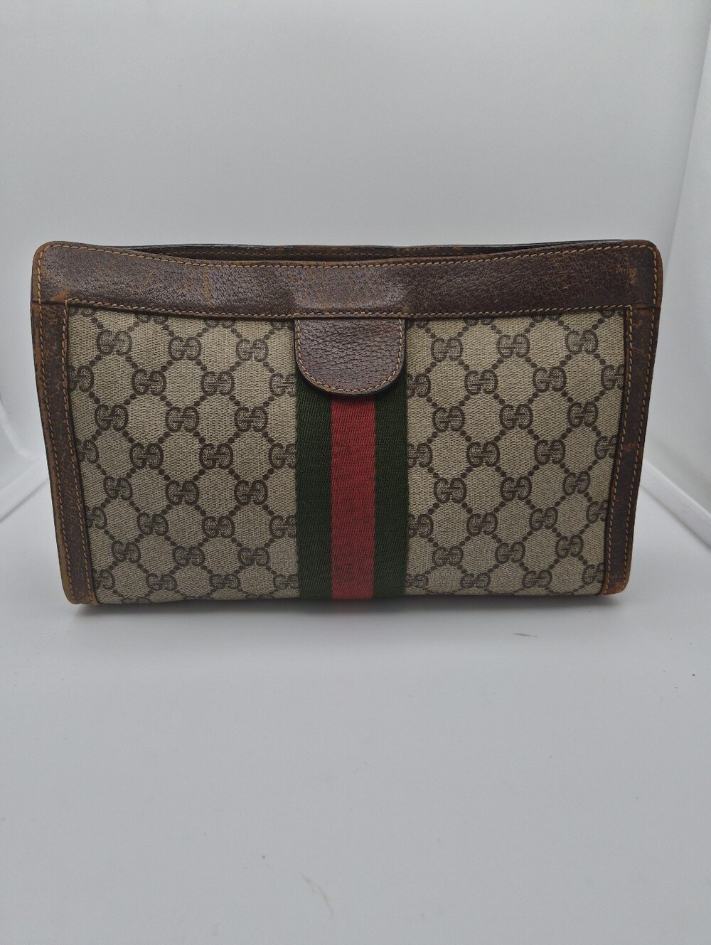 Gucci Beige GG Canvas Toiletry Bag with Green-Red Web Stripe